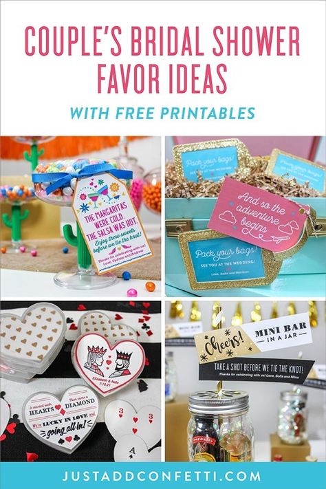 These 5 Couple's Bridal Shower Favor Ideas will inspire you to send your guests home with a unique shower favor to enjoy long after the celebration! Each idea comes with a free printable design! #bridalshowerfavors #bridalshower #couplesshower #freeprintables #showerfavors Couples Wedding Shower Favors, Bridal Shower Favors Ideas, Couples Wedding Shower Themes, Couples Shower Favors, Couples Shower Gifts, Bridal Shower Favor Ideas, Wedding Shower Brunch, Bridal Shower Favors Diy, Bridal Shower Prizes