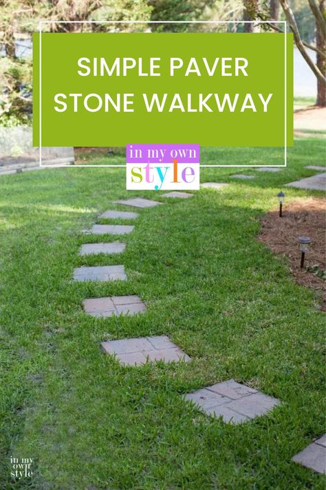 Turn a worn path in your yard where the grass won’t grow into a DIY-In-a-Day simple paver stone walkway. Head over to the blog to learn more Laying Stone Pavers, 12x12 Paver Walkway, Paver Stone Walkway, Front Sidewalk Ideas, Running Bond Paver Walkway, Install Pavers Over Dirt, Paving Stones Walkway, 24x24 Paver Walkway, Rambler Remodel