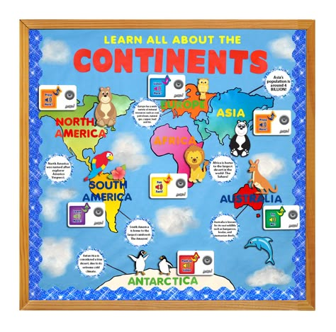 Bulletin Board Inspiration! Teach your students about the continents using the poster sound recorder on your board! Continents Bulletin Board Ideas, World Map Bulletin Board Ideas, Social Studies Bulletin Boards, World Bulletin Board, History Bulletin Boards, Soft Board Decoration, General Knowledge For Kids, School Art Activities, Continents And Oceans