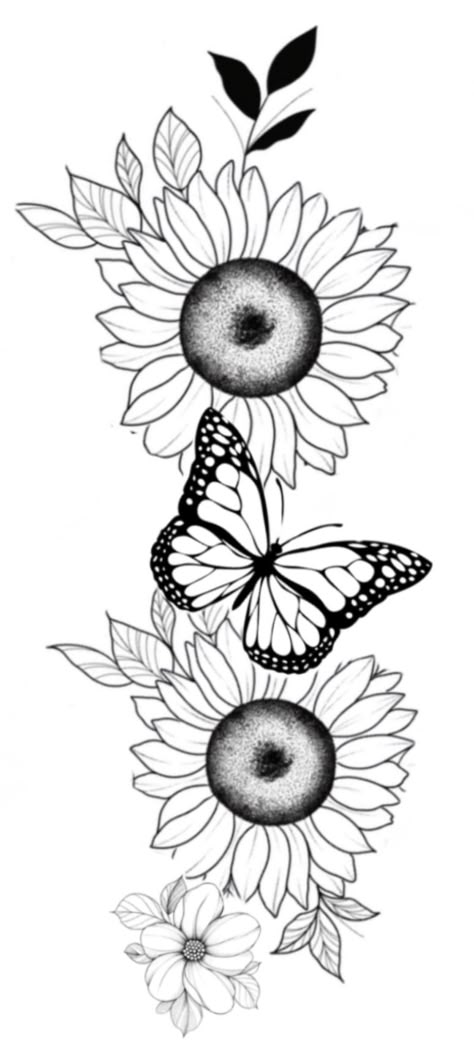 Half Sunflower Drawing, Sunflower And Butterfly Tattoo, Painting Hats, Spring Colouring, Projector Images, Half Sleeve Tattoo Stencils, Borboleta Tattoo, Sunflower Stencil, Butterfly Tattoo Stencil