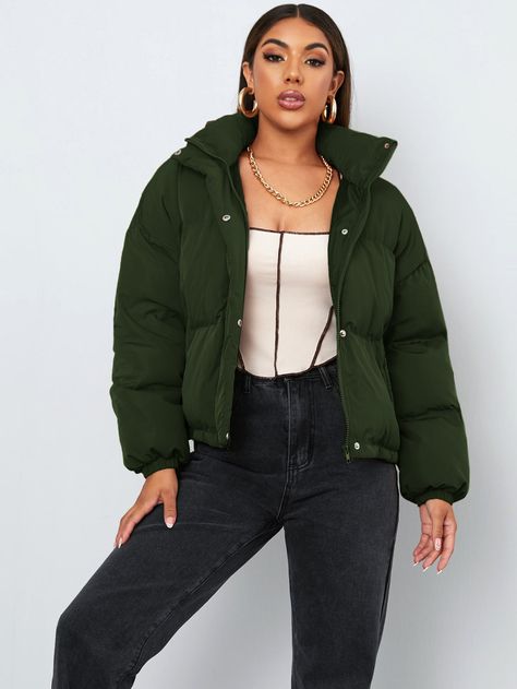 Verde Oscuro Casual Collar manga larga Tela tricotada Liso Chaqueta plumífera Embellished No-Elástico Invierno Ropa de Exterior para Mujer Outfit Mujer, Winter Coats Women, Winter Coat, Coats For Women, Bomber Jacket, Exterior, Collar, Tela