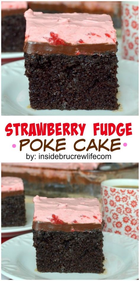 Polk Cakes, Fudge Poke Cake, Manly Recipes, Jello Cakes, Cake Poke, Strawberry Fudge, Poke Cake Recipes, Strawberry Topping, Poke Cakes