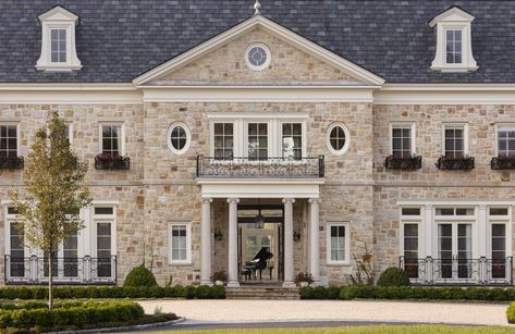 Curves & Light - Wadia Associates Elegant Home Exterior, Front Stairs, Shiplap Ceiling, Luxury Architecture, Greenwich Ct, Iron Railing, Georgian Homes, Hamptons House, Large Stone