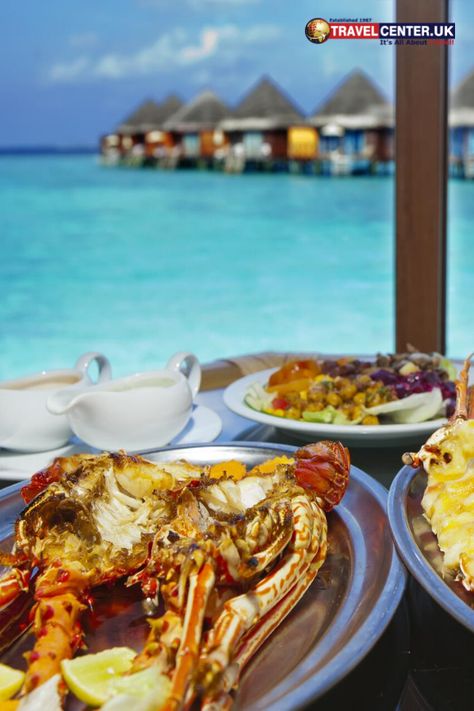 A delicious seafood menu, especially the lobsters and prawns, are the go-to dishes during a beach holiday. But, a seafood meal with a view like this is not guaranteed anywhere else unless it's the Maldives. #food #lobster #seafood #foodies #fooddestination #maldives #beachholiday #itsallabouttravel #travelcenteruk Maldives Food, Food Lobster, Evening Food, Seafood Menu, Grilled Seafood, Seafood Dinner, The Maldives, Holiday Ready, Travel Board