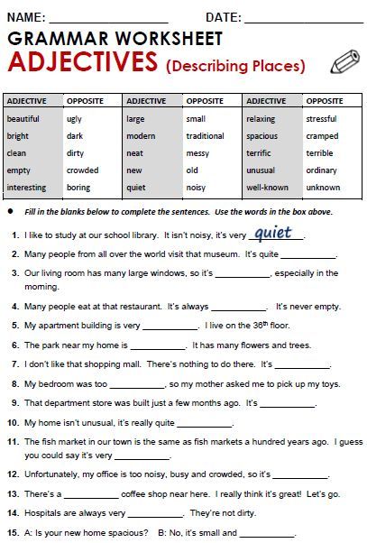 Adjectives - describing places Adjectives Describing Places, English Grammar Test, English Adjectives, Adjective Worksheet, Grammar Quiz, Grammar Exercises, English Exercises, English Grammar Worksheets, Teaching Grammar