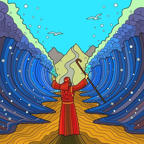 Moses Red Sea, Red Sea Crossing, Parting The Red Sea, The Exodus, Sea Illustration, Judaica Art, Bible Illustrations, The Red Sea, Bible Pictures