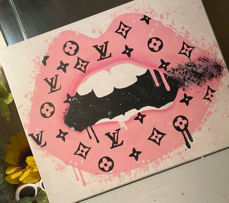 Paintings Canvas Easy, Lips Canvas Painting, Baddie Paintings, Baddie Paintings Canvas, Water Colour Ideas, Louie Vuitton, Neon Painting, Paintings Canvas, Paintings Ideas