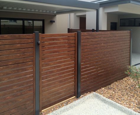 Ezi-Slat Fencing | Stratco Front Fence Ideas Australia, Mid Century Fence, Wood Fence Ideas, Slat Fencing, House Front Gate, Slat Fence, Horizontal Slat Fence, Slatted Fence Panels, Timber Gates