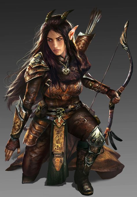 Tiefling Ranger Female, Tiefling Ranger, Woman In Armor, Elf Archer, Medium Armor, Medieval Tattoo, Pathfinder Character, Female Elf, Warrior Tattoo