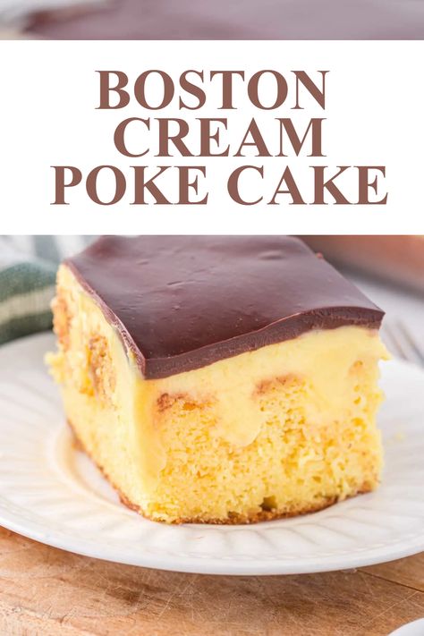 Boston Cream Poke Cake is a moist and delicious dessert recipe made with boxed yellow cake mix covered in creamy vanilla pudding and topped with chocolate ganache. Boston Cream Poke Cake Recipe, Boston Cream Pie Poke Cake, Cream Poke Cake, Boston Cream Poke Cake, Boston Cream Cake, French Vanilla Cake, Poke Cake Recipe, Chocolate Lasagna, Boston Cream Pie