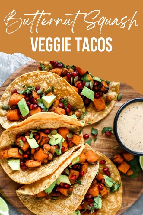 Butternut Squash Tacos with Pumpkin Seeds, Pomegranate and Avocado Squash Tacos, Butternut Squash Tacos, Chipotle Pepper Sauce, Veggie Tacos, Chipotle Pepper, Taco Night, Winter Squash, In Season Produce, Pepper Sauce