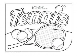 Colouring in picture with a tennis theme - great for Wimbledon this summer!  iChild.co.uk Tennis Colouring Pages, Tennis Racket Drawing, Tennis Campaign, Tennis Lessons For Kids, Tennis Shirts Designs, Sports Day Poster, Tennis Crafts, Tennis Wimbledon, Shoes Cleaning