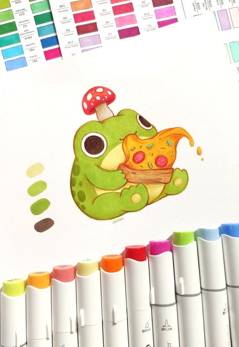 cute frog whimsical inspiration of traditional illustration artwork by chetom art of adorable frog toad eating a pizza slice friendly magical colorful traditional art sketchbook with red mushroom amanita muscaria hat and colorful markers Marker And Pencil Drawing, Small Marker Drawing, Marker Character Art, Cute Alcohol Marker Drawings, Painting Markers, Things To Draw With Paint Pens, Painting With Color Pencil, Mushroom Marker Drawing, Art Food Drawing