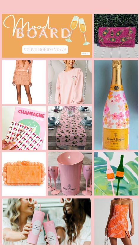 A collage showcasing a variety of products for a Veuve Before Vows themed bachelorette party. The image features orange & pink dress options, a pink beaded clutch adorned with green champagne bottles, and a pink champagne crewneck. Pink Veuve printed wine glasses and a champagne bucket add a touch of elegance, while a champagne bottle table runner and champagne-themed decor create a festive ambiance. An eye-catching orange acrylic Cult Gaia clutch & Press for Champagne buttons on pink tumblers. Veuve Before Vows Bachelorette, Veuve Before Vows, Chic Party Decor, Painted Champagne Bottle, Ultimate Bachelorette Party, Themed Bachelorette Party, People Getting Married, Bachelorette Party Planning, Bridal Bachelorette Party