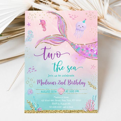 Two the Sea Mermaid Pink Purple 2nd Birthday Invitation Purple Birthday Invitations, Mermaid Pool Parties, Pool Party Birthday Invitations, Mermaid Pink, Under The Sea Birthday, Sea Mermaid, Mermaid Invitations, Mermaid Birthday Invitations, Purple Birthday