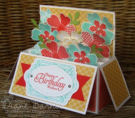 Stampin Up long pop up card in a box & template instructions by Di Barnes, with Flower Shop, Petite Petals & Chalk Talk stamps. #stampinup #... Box Cards Tutorial, 3d Templates, Pop Up Box, Exploding Box Card, Chalk Talk, Pop Up Box Cards, Birthday Box, Fancy Fold Cards, Marianne Design