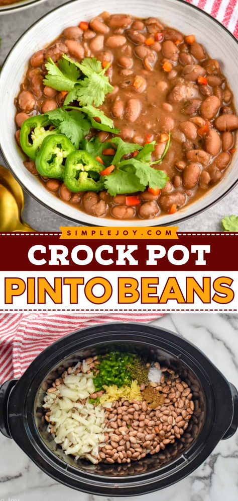 Crock Pot Pinto Beans make the best side dish or vegetarian dinner. We love them as a side for our Chicken Tacos or as the filling in our Baked Burritos. This is a simple recipe that you are sure to fall back on over and over. Beans In Crock Pot, Crock Pot Pinto Beans, Baked Burritos, Beans Recipe Crockpot, Pinto Bean Soup, Beans In Crockpot, Pinto Bean Recipes, Slow Cooker Beans, Best Side Dish