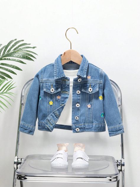 Baby Girls' Medium Washed Blue Embroidered Denim Jacket Medium Wash   Long Sleeve Denim Plain Jackets Non-Stretch  Baby Girls Clothing, size features are:Bust: ,Length: ,Sleeve Length: Plain Jacket, Breast Tape Lift, Embroidered Denim Jacket, Lingerie Accessories, Girls Denim, Embroidered Denim, Girls Jacket, Kids Beachwear, Girls Clothing