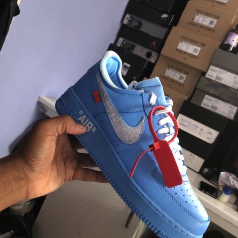 Off White X Nike, Aesthetic Shoes, University Blue, Air Force Sneakers, Nike Air Force 1, Nike Air Force Sneaker, Air Force 1, Sneaker Head, Nike Air Force