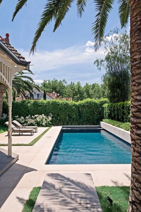 Designed by [Aloha Pools](https://www.alohapools.com.au/|target="_blank"), in collaboration with landscape designer Jack Merlo, this deliberately simple design features a 12x4m rectangular pool and a 4x1.5m spa at one end. The pool has been tiled in grey porcelain tiles, which give the water a deep blue-green hue. The total cost of the installation (excluding landscaping) was about $120,000. Water Resort, Oasis Style, Kleiner Pool Design, Pool Landscape Design, Pool Colors, Small Pool Design, Rectangular Pool, Resort Style Pool, Backyard Pool Landscaping