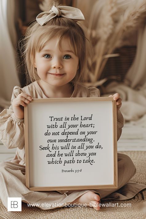 This is a mockup of what this 12x12 Proverbs 3:5-6 Bible verse poster could look like framed in a Christian little girls nursery. It says trust in the Lord... with black text on a white background. Baby Bible Verses, Verses For Kids, Christian Nursery, Verse Poster, Modern Christian Art, Bible Verse Posters, Trust In The Lord, Proverbs 3, Words Of Comfort