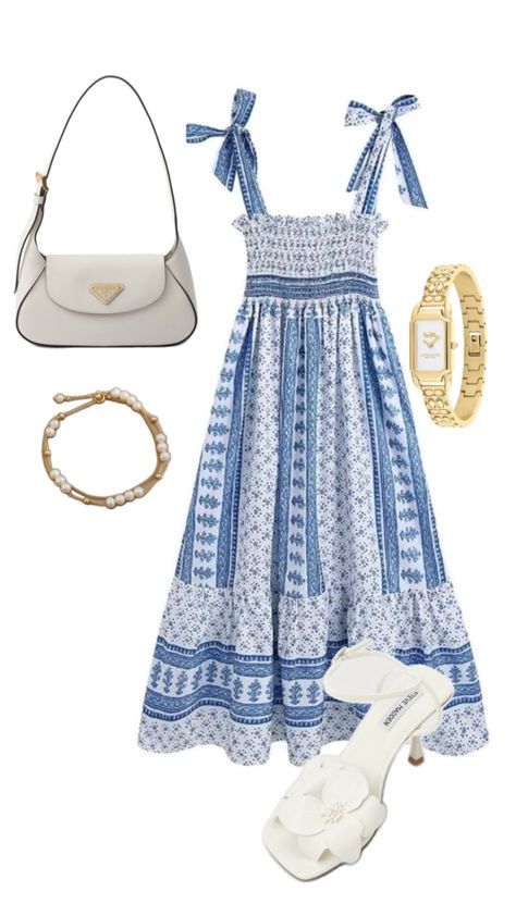 preppy style, summer outfit, country club outfit, aesthetic, blue dress, preppy aesthetic Club Outfit Aesthetic, Aesthetic Blue Dress, Preppy Style Aesthetic, Preppy Aesthetic Summer, Chic Blue Dress, Elegant Blue Dress, Blue And White Outfit, Country Club Outfit, Winery Outfit