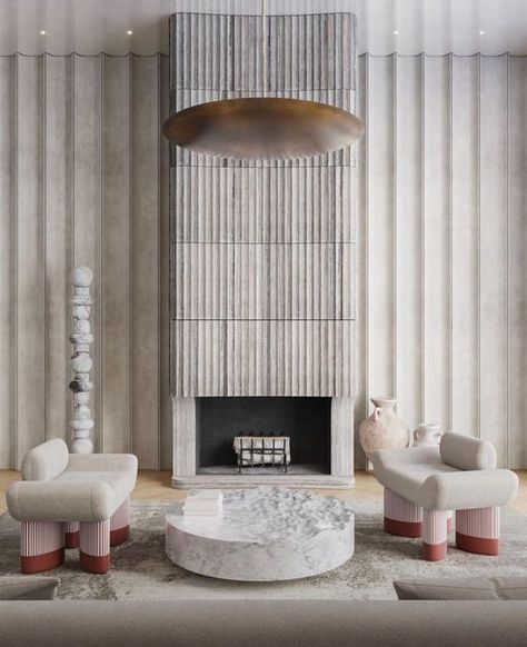 High Ceiling Living Room Modern, Modern Chinese Interior, Entrance Foyer Design, Fireplace Feature Wall, Silver Travertine, High Ceiling Living Room, Luxury Living Room Design, Contemporary Fireplace, Minimalist Room