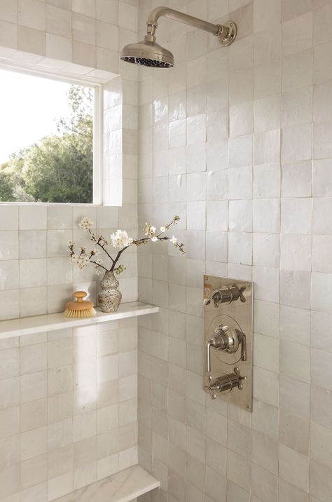 Orinda — Katie Monkhouse Interiors | Interior Design Studio | Marin County + San Francisco Bay Area Airy Bathroom, Italian Inspired Bathroom, Feminine Bathroom Design, Marble Shower Surround, Southern Living Bathroom, Shower Tiles Design Ideas, Tub In Shower, Vintage Bathroom Design, Marble Subway Tile Shower Walls