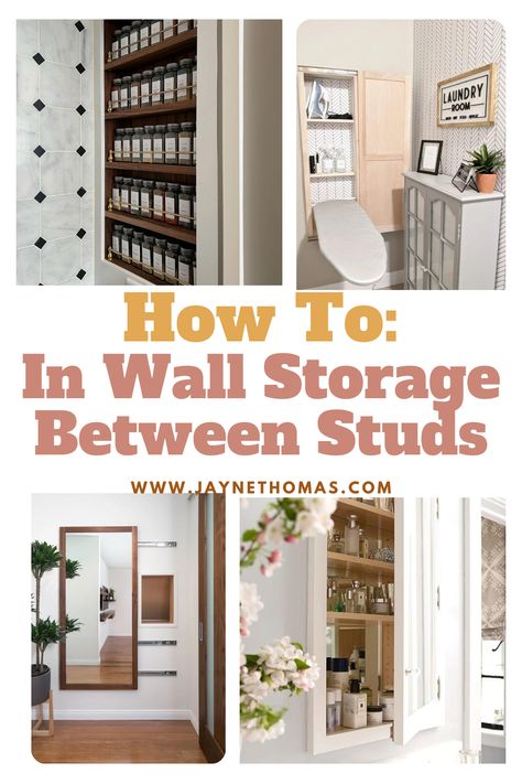 Don't miss out on these amazing storage solutions! Discover how to transform your home with hidden in-wall storage between the studs! #bathroom #SmallSpaces Storage Space Between Studs, Recessed Shoe Storage, Hidden Wall Storage Bathroom, In Wall Storage Between Studs Bedroom, In Wall Storage Bathroom, Shelves In Studs Built Ins, Between The Stud Storage, In Between Studs Storage, Built In Shelf Between Studs