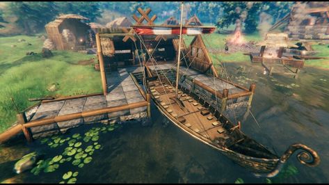 Valheim Dock, Viking Buildings, Viking Hall, Dock Design, Dock Ideas, Viking House, Nerd Room, Fishing Dock, Starter Home