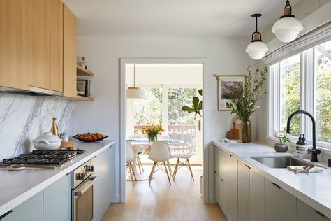 Sage Galley Kitchen — CL Studio Home Office/gym, Studio Architecture, Studios Architecture, Dark Kitchen, Oak Shelves, Marble Backsplash, Galley Kitchen, Interior Renovation, The Bay Area