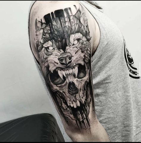 Wolf Skull, Skull Sleeve Tattoos, Dove Tattoo, Skull Sleeve, Blackwork Tattoos, Wolf Tattoo Design, Raven Tattoo, Tattoos Art, Dad Tattoos