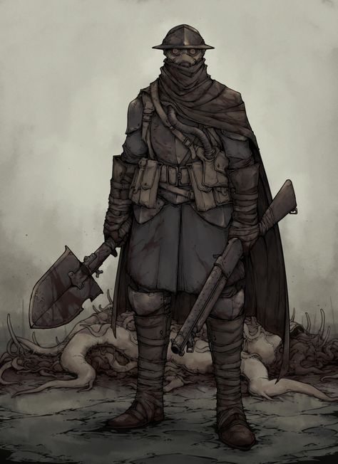 Never Going Home Rpg, Anarchist Character Design, Ww1 Concept Art, Trench Crusade Art, Ww1 Soldier Concept Art, Ww1 Horror, Dnd Soldier, Apocalyptic Character Design, Monster Soldier