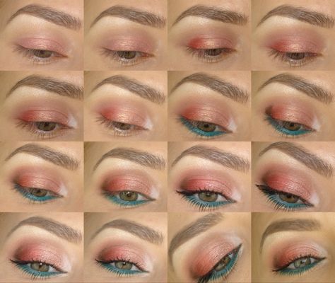 Coral Eye Makeup, Gold Eye Makeup Tutorial, Colourpop Palette, Salmon Dress, Natural Eye Makeup Tutorial, Peach Makeup, Gold Eye Makeup, Beginners Eye Makeup, Pink Eye