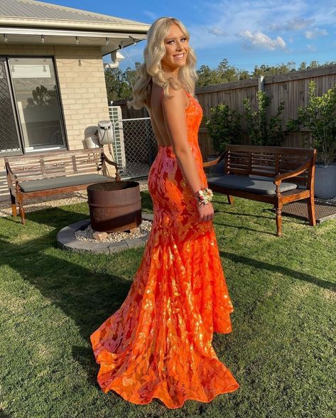 Orange Homecoming Dresses, Lace Long Prom Dress, Orange Prom Dresses, Glam Dress, Prom Dress Inspo, Homecoming Dresses Long, Unique Prom Dresses, Prom Dress Inspiration, Semi Formal Dresses