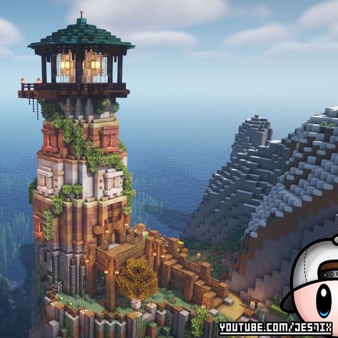 Minecraft Sea Kingdom, Midevil Lighthouse Minecraft, Minecraft Building Ideas Lighthouse, Seaside Village Minecraft, Minecraft Light House Ideas, Lighthouse Minecraft Ideas, Minecraft Fishery, Mc Lighthouse, Minecraft Lighthouse Ideas