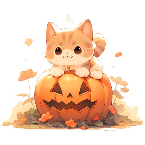 Cute Kawaii Happy Halloween Kitty Cat on a Jack-o-Lantern Pumpkin Sticker Cat In A Pumpkin, Halloween Colouring, Kawaii Pumpkin, Tabby Kitten Orange, Big Cats Drawing, Almost Halloween, Halloween Kitty, Pumpkin Tattoo, Pumpkin Drawing