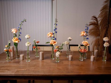 Small Bud Centerpieces, Candlesticks And Bud Vases Wedding, Bud Vases Down Aisle Wedding, Budding Vases Wedding, Rosebud Vase Centerpieces, Cheesecloth Table Runner Wedding With Bud Vases, Bud Vases Aisle, Simple Bud Vase Centerpiece Flower Arrangements, Cheesecloth Runner Bud Vases