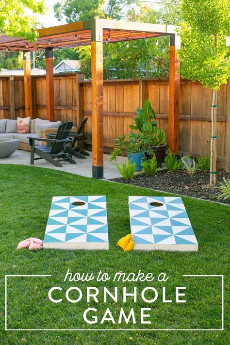 Two ways to make a DIY cornhole game! Learn to make kid-sized cornhole boards, and regulation cornhole boards as well. Two paint options, and instructions on how to make cornhole bags too! It's an awesome family project to do together, and then play in your backyard. Cornhole is a perfect backyard game for summer. Diy Cornhole Game, Make Cornhole Boards, Regulation Cornhole Boards, Diy Cornhole, Backyard Party Games, Cornhole Boards Designs, Backyard Garage, Corn Hole Diy, Cornhole Game