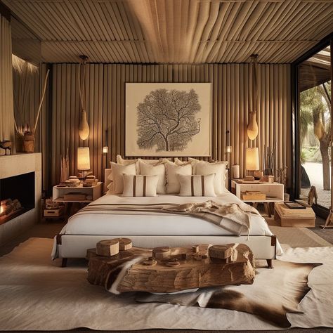 Luxury African Safari Lodge, African Bedroom Ideas, Safari Interior Design, Afro Architecture, Safari Lodge Interior, Bali Room, Jungle Villa, African Bedroom, Warm Bedroom Colors