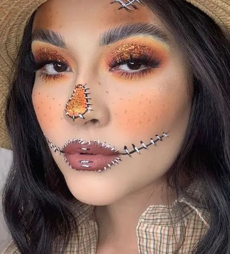 25 Scarecrow Makeup Ideas: Cute and Easy Halloween Looks for Women and Kids Easy Halloween Makeup Scarecrow, Scarecrow Eye Makeup, Scarecrow Easy Makeup, Pumpkin Themed Makeup, Easy Halloween Pumpkin Makeup, One Direction Makeup Ideas, Women Scarecrow Makeup, Scar Crow Makeup Halloween, Girl Scarecrow Costume Diy