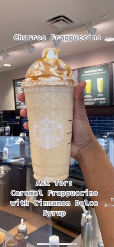 Cinnamon Frappuccino Starbucks, Churro Frappe, Starbucks Frappe, Starbucks Caramel Frappuccino, Starbies Drinks, Starbucks Ideas, Starbucks Drink Menu, Coffee Orders, Drinks Starbucks