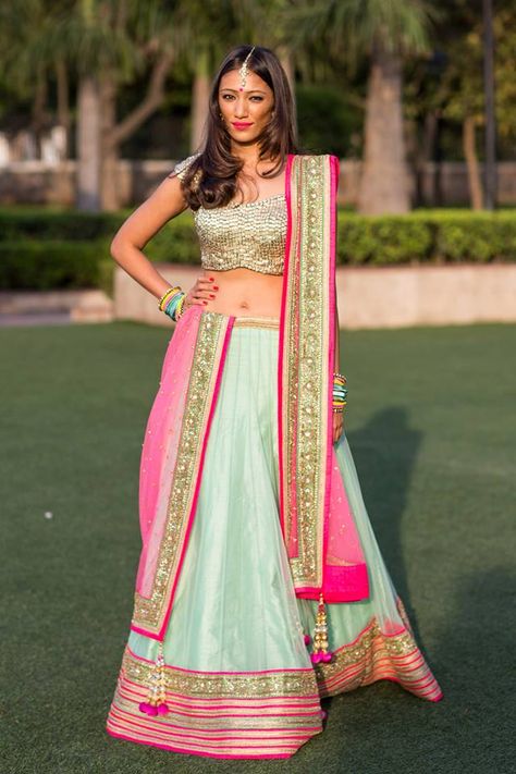 :) Sagai Outfit, Green And Pink Combination, Sisters Of The Bride, Sangeet Lehenga, Lemon Photography, Pastel Lehenga, Indian Bridal Lehenga, Green Lehenga, Blue Lehenga