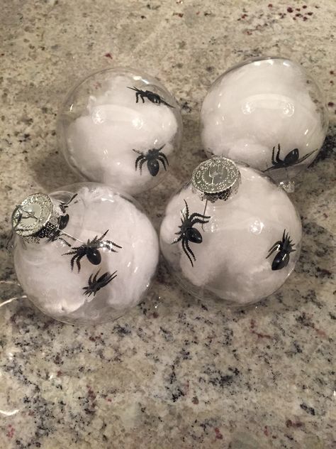 Scream Christmas Tree, Diy Spooky Christmas Ornaments, Spider Christmas Tree, Diy Spooky Ornaments, Homemade Halloween Tree Ornaments, Dollar Tree Nightmare Before Christmas, Halloween Tree Ornaments Diy, Diy Halloween Ornaments For Tree, Creepy Christmas Ornaments