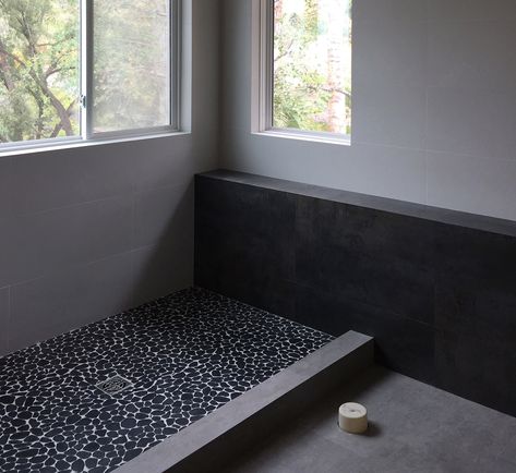 Black, White and Walnut: A Modern Master Bath Black Tile Bathroom Floor, Pebble Shower, Pebble Shower Floor, Black Tile Bathrooms, Modern Master Bath, White Porcelain Tile, Natural Bathroom, Bathtub Remodel, Pebble Tile