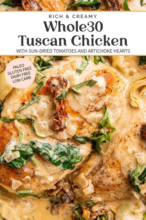 Tuscan Chicken Skillet, Chicken With Artichokes, Easy Skillet Dinner, Spinach Artichoke Chicken, Dairy Free Low Carb, Whole30 Dinner Recipes, Italian Dinner Recipes, Whole30 Dinners, Artichoke Chicken