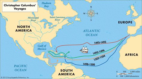 Map of Christopher Columbus' Voyages Christopher Columbus Projects, Christopher Columbus Quotes, Columbus Map, Saint Lawrence River, Kindergarten Social Studies, Saint Lawrence, Homeschool Social Studies, Journey Mapping, America Map