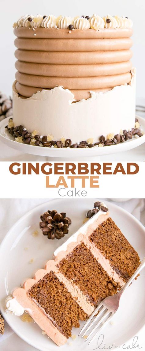 This Gingerbread Latte Cake is your favourite Holiday drink in cake form! Gingerbread spice cake layers with an espresso buttercream. | livforcake.com Holiday Cake Flavor Ideas, Gingerbread Latte Cake, Christmas Flavored Cakes, Holiday Cake Flavors, Holiday Cakes Thanksgiving, Winter Cake Flavors, Christmas Cake Flavors, Fall Cake Flavors, Christmas Spice Cake