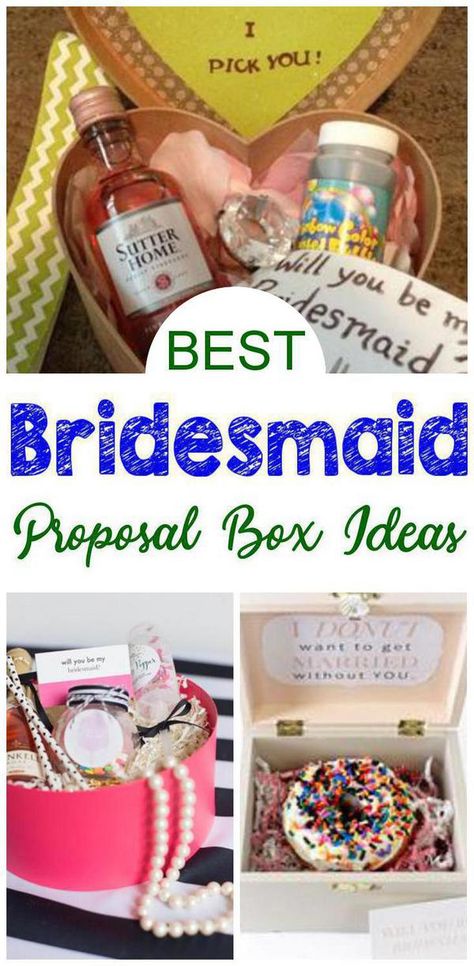 Bridesmaid Proposal Box! Fun & creative bridesmaid proposal box ideas that any future maid of honor or bridesmaid will love. Cheap & affordable DIY ideas & more. Start your wedding off right with these fun gift ideas. Number 1 is my favorite :) Diy Bridesmaids Gifts, Bridesmaid Proposal Box Ideas Diy, Maid Of Honor Proposal Box Diy, Creative Ways To Ask Bridesmaids, Ask Bridesmaids To Be In Wedding, Bridesmaid Proposal Box Ideas, Proposal Box Ideas, Diy Bridesmaid Proposal, Ways To Ask Bridesmaids