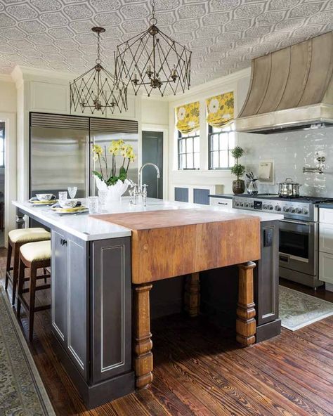 Antique Butcher Block, Butcher Block Kitchen Island, Butcher Block Island Kitchen, Butcher Block Kitchen, Tudor Revival, Greensboro North Carolina, Farmhouse Kitchen Island, Home Coffee Bar, Southern Homes